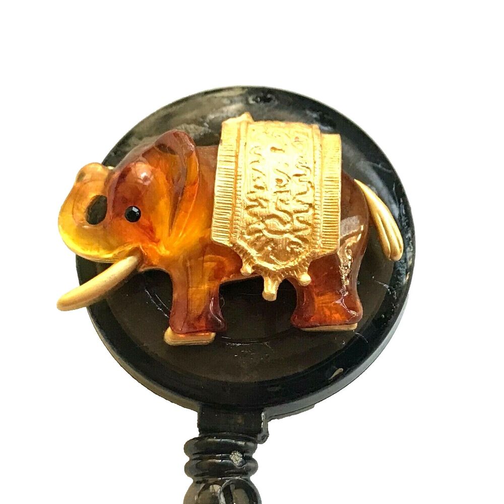 Vtg Acrylic Amber Elephant ID Badge Holder Retractable Reel Lanyard Trunk Up